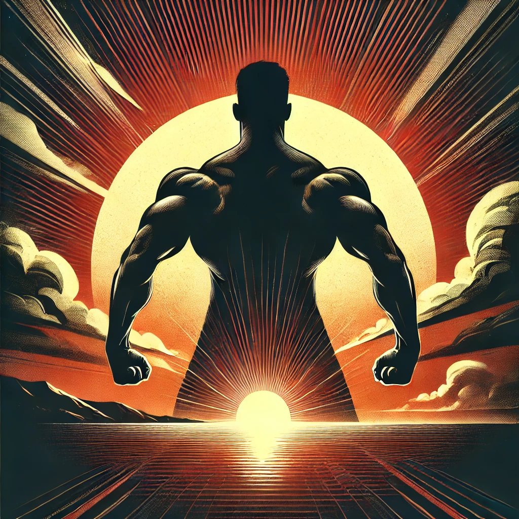 DALL·E 2025-01-15 18.51.17 - Graphic image expressing masculinity and vitality, featuring a strong male silhouette against a sunrise, symbolizing a new beginning. The image is des