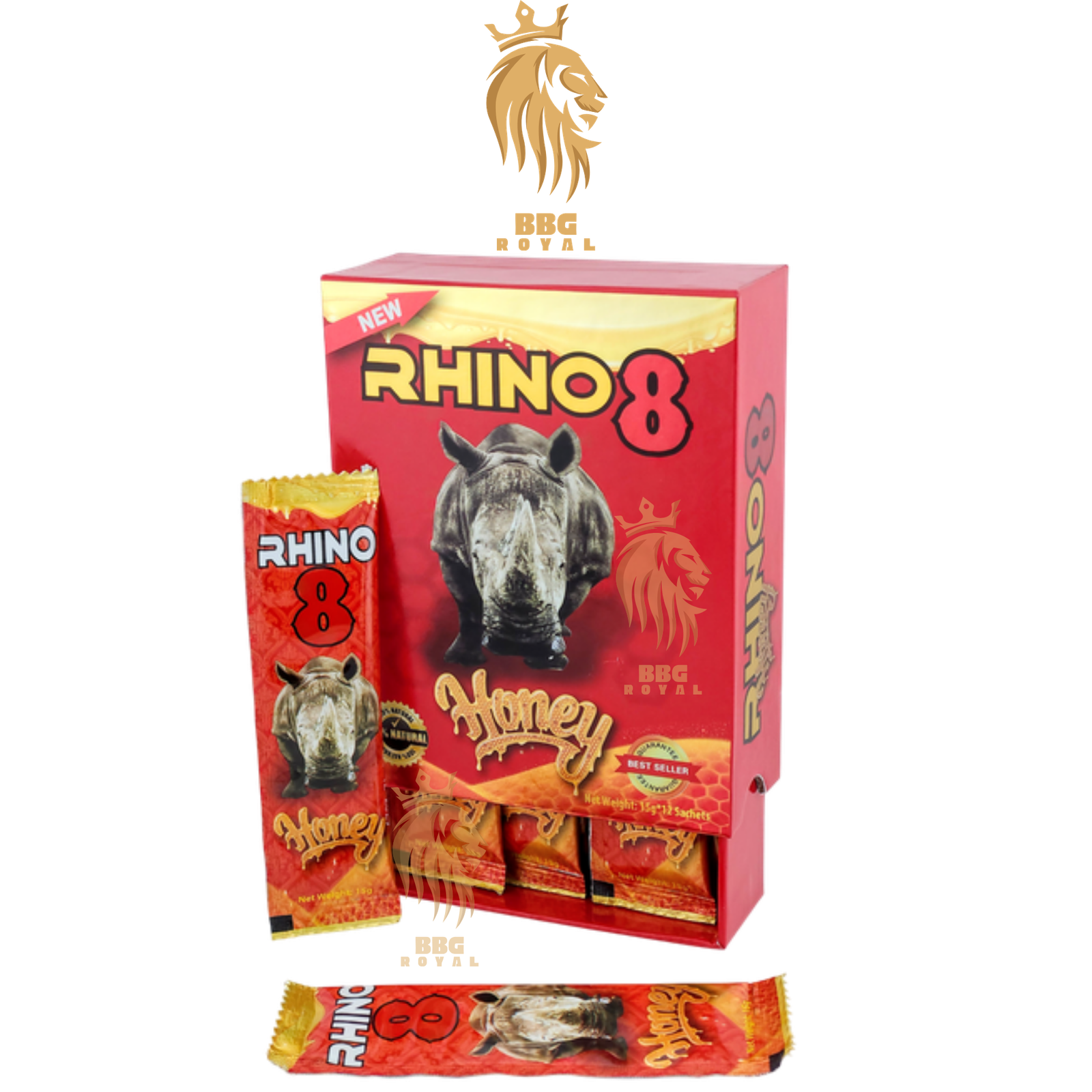 ✅ (27) Rhino 8 Honey Male Enhancement Supplement | 12 Sachets (15g Each) | Hard Box - Image 1