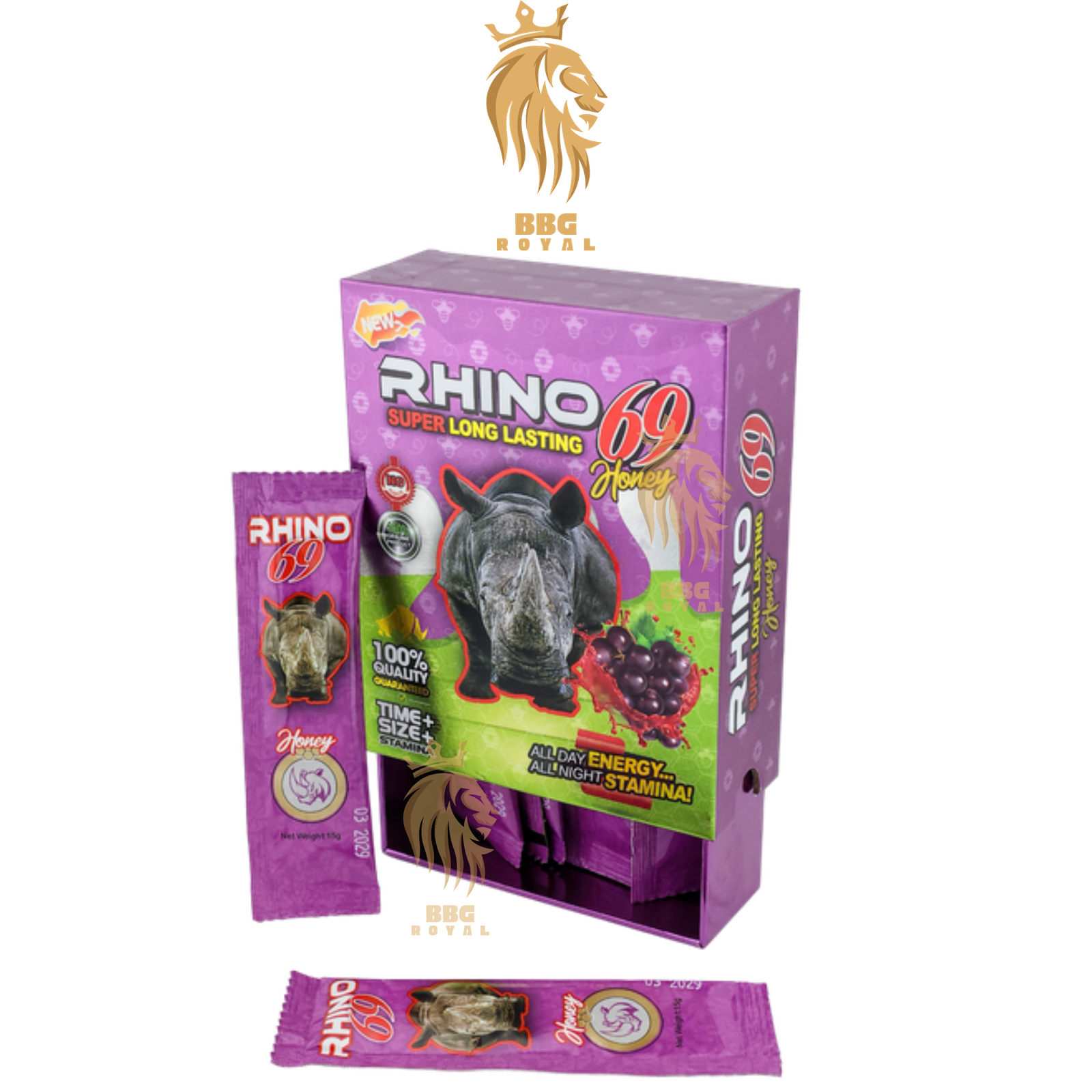 ✅ (29) Rhino 69 Super Long Lasting Honey | Male Enhancement Supplement | 12 Sachets (15g Each) | Grape Flavor | Hard Box - Image 1