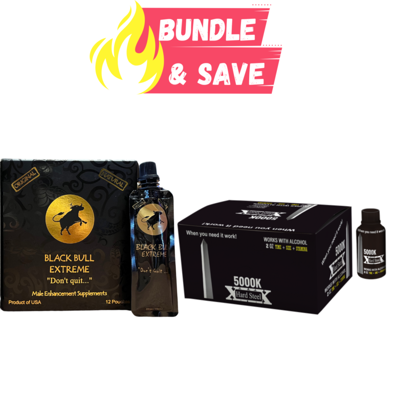 Bundle Deal: Black Bull Extreme Honey Pouches (12x22g) and 5000K Hard Steel Stamina Booster Shots (2oz/Bottle) - Image 1