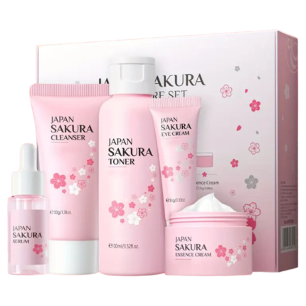 Sakura skincare set with five hydrating and brightening facial products