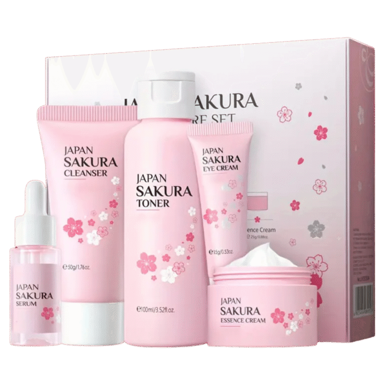 Japan Sakura Facial Set [Cleanser, Toner, Serum, Eye Cream, Essence Cream] | Hydrating and Brightening - Image 1
