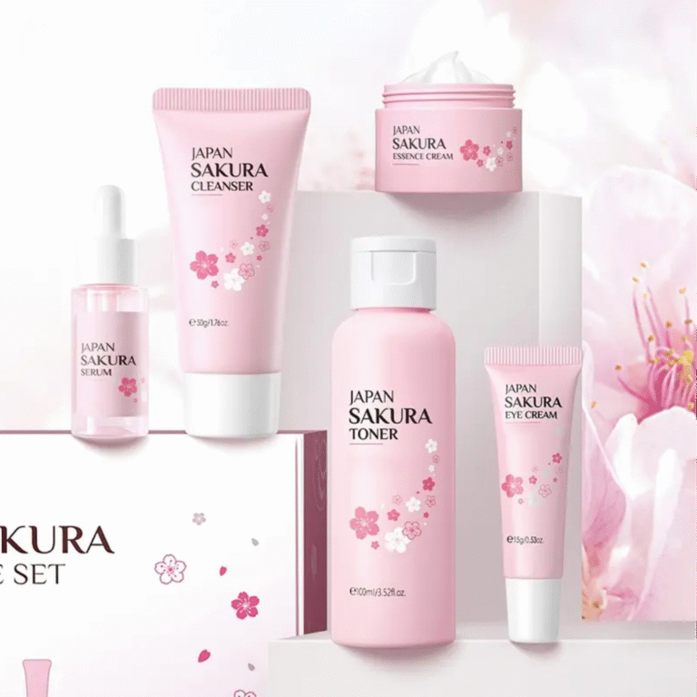 Japan Sakura Facial Set [Cleanser, Toner, Serum, Eye Cream, Essence Cream] | Hydrating and Brightening - Image 2