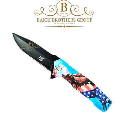 Stainless steel folding knife with one-hand open, compact size, and bold patterned handles