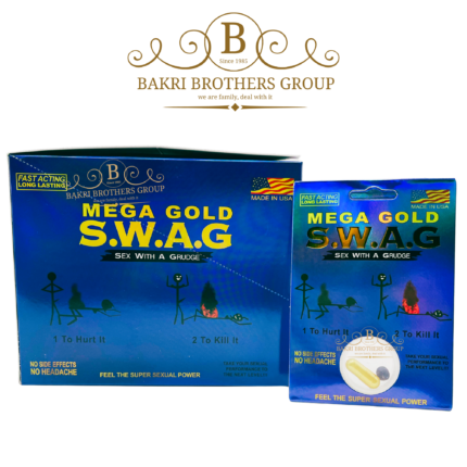 Gold-colored herbal supplement for men labeled S.W.A.G with clean and bold branding