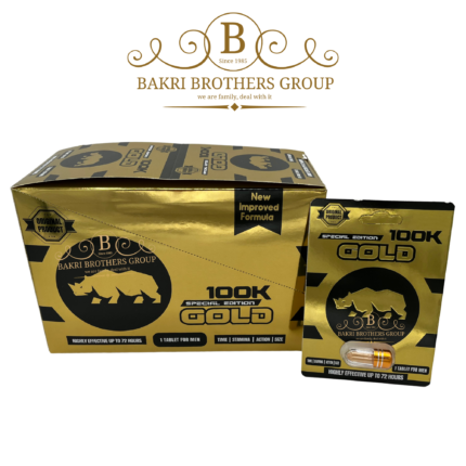 Gold foil capsule pack labeled “100K” with fast-acting herbal formula and long-lasting effects