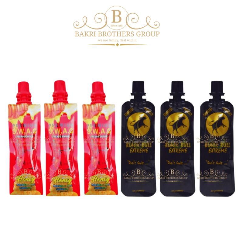 6-pack of SWAG and Black Bull honey sachets crafted from plant-based ingredients