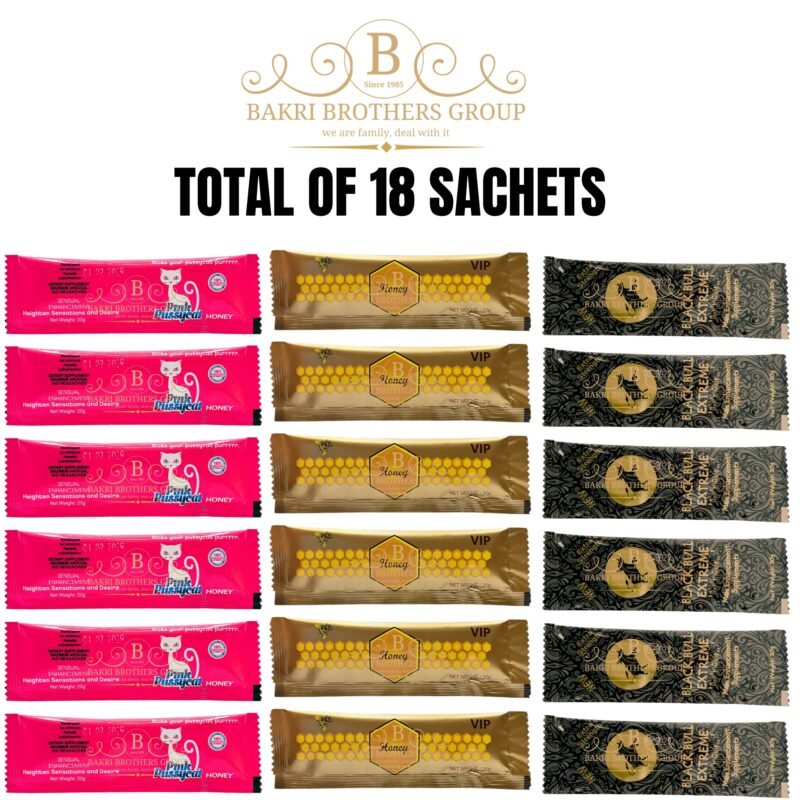 18-piece set with Black Bull, Pink Honey, and Royal blend made for men and women