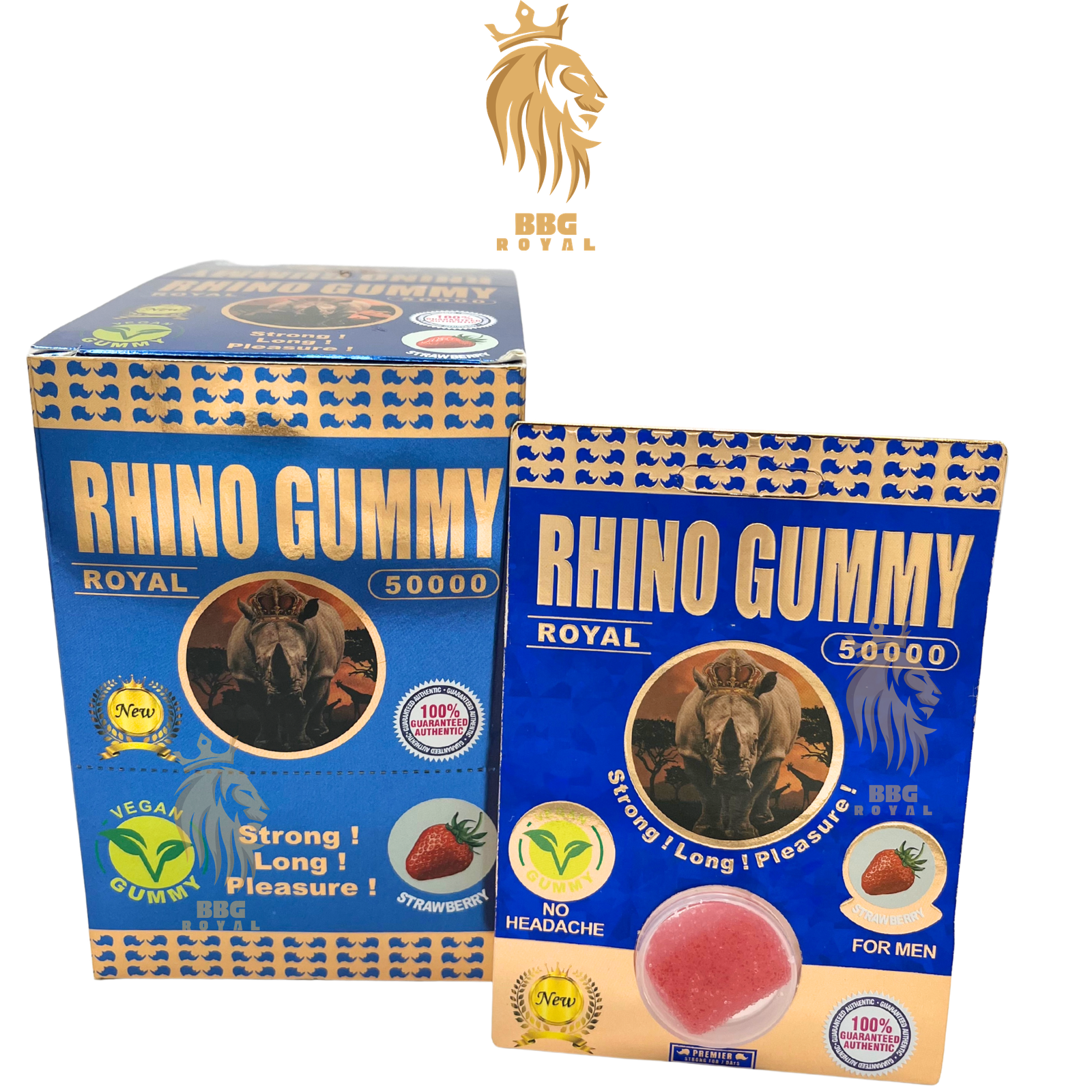 100 Rhino Gummy Royal 50000 | Vegan | Strawberry Flavor | Single Gummy | 24 Cards per Box - Image 1
