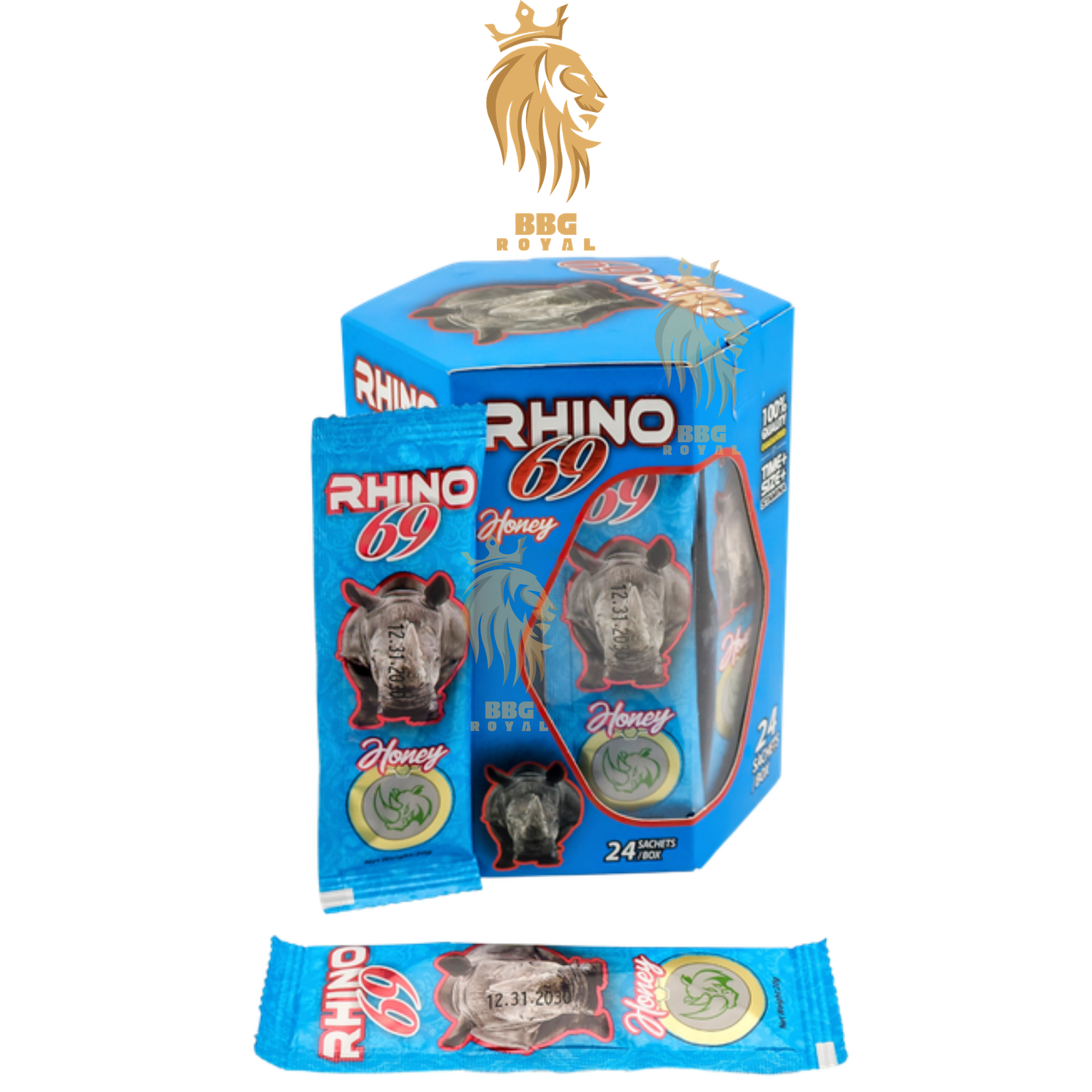63 Rhino 69 Honey Blue | Premium Herbal Honey Blend | 24 Sachets Hexagon Box - Image 1