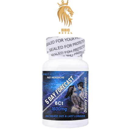 5 day forecast pills, 6 count supplement bottle, stamina support capsules, energy supplement pills, performance support supplement, male supplement capsules, compact supplement bottle