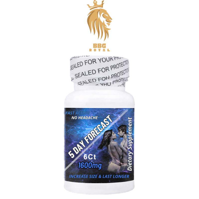 5 day forecast pills, 6 count supplement bottle, stamina support capsules, energy supplement pills, performance support supplement, male supplement capsules, compact supplement bottle